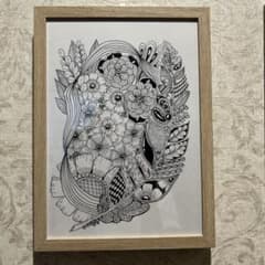 手描きゼンタングル風アート　額縁付き　一点もの作品　花のサムネイル