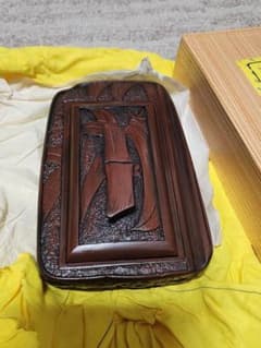 【伝統工芸品】赤間硯 龍泉作 竹彫刻 蓋付き 共箱