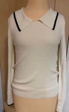 アイボリー 襟付きリブ編み長袖セーターのサムネイル
