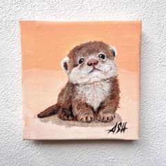 アクリル画 つぶらな瞳のコツメカワウソ 原画 手描き キャンバス　ミニ　10㎝のサムネイル
