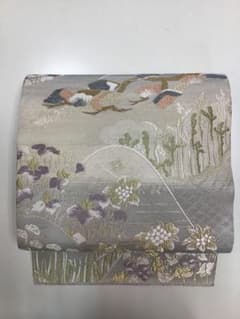なでしこ】唐織袋帯 フォーマル 白 淡いブルー 鳥花松 長さ445 o1604 