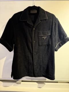 プラダ コットンテリー ボウリングシャツ 半袖 パイル 黒 ブラック S