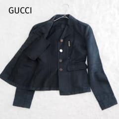 GUCCI グッチ テーラードジャケット ロゴボタン リネン 深緑 38 GUCCI グッチ テーラードジャケット ロゴボタン リネン 深緑 38