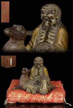 【古高取焼】鹿寿老像 七福神 長寿神 福禄寿 縁起物 置物 陶磁器 古作 共箱付 古高取焼】鹿寿老像 七福神 長寿神 福禄寿 縁起物 置物 陶磁器