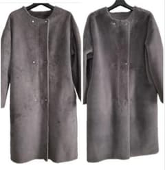 テチチ　ムートンロングコート　グレー　スエード風　モコモコ　リバーシブル