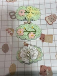 ハンドメイド かぎ針編み ヘアクリップ 3点セット グリーンのサムネイル