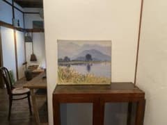 《静かな稜線》 風景画 油絵 F8号 38×46cm 湖と山と木 額なしのサムネイル