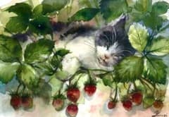 絵画。原画【猫ちゃんは緑のブドウとジュースに恋をした】 水彩画 原画 いちご畑の猫 - メルカリ