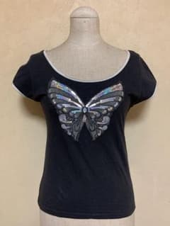 バタフライ スパンコール フレンチスリーブ Tシャツ ブラックのサムネイル