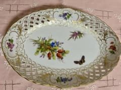 貴重 マイセン Meissen 透かし彫りオーバルプレート 皿 花柄 蝶 楕円