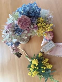 ドライフラワー三日月リース❁⃘*.゜紫陽花とラナンキュラスとミモザ