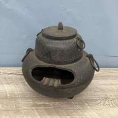 D-4 鉄製 茶道具 ミニチュア 火鉢 茶釜 3点セット 骨董 鉄器 古道具