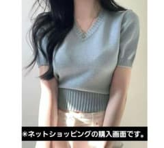 ミニケーブルクルーネックセーター　半袖　ブルー（水色）のサムネイル