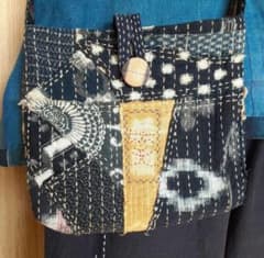 古布 絣 藍染 刺し子 柿渋染め パッチワーク ポシェット ショルダー
