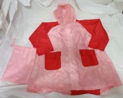 キッズ レインコート 100cm ピンク×赤 収納袋付き（背中マチ・透明ツバ付）のサムネイル