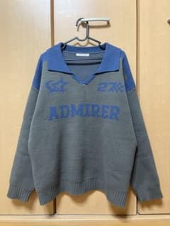 ADMIRER Vネック長袖セーター グレー×青のサムネイル