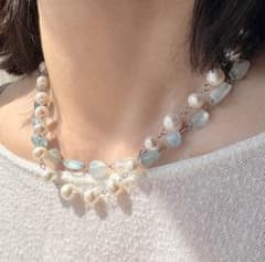 アクアマリンと淡水パール　ロングネックレス6way ブレスレット　ステンレス 夏のサムネイル