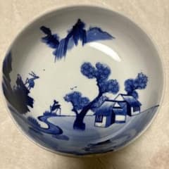 伊万里】山水図 深皿 和食器 染付 鹿 紅葉 昭和レトロ 銘有り 18cm