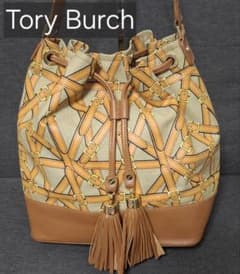TORY BURCH ベルト柄 巾着 ショルダーバッグ ハンドバッグ キャメル 