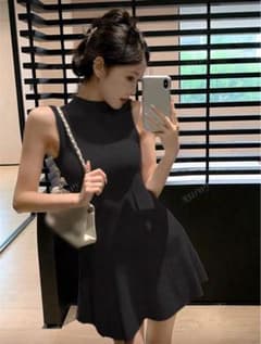 ブラック ノースリーブ ミニワンピース shein ノースリーブ ニット Aライン ミニワンピース ブラック M