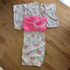 キッズ 浴衣 125-135cm 朝顔柄 ピンク帯セットのサムネイル