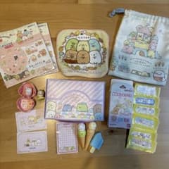 Sumikko Gurashi merchandise bundle: drawstring bag, handkerchief, ice cream shaped pen, origami paper.