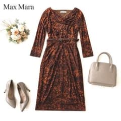 Max Mara 白タグ ベルト 総柄 ドレープ ワンピース ドレス ブラウン系