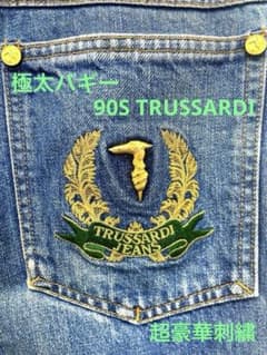 極太54】90s トラサルディ 豪華エンブレム刺繍 バギーデニム ワイド 