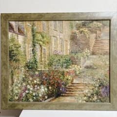 美品】ロンゴ『パティオガーデン 階段と花壇』風景画 額装 大型 縦76