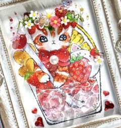 苺カクテル 北欧インテリア シーグラスアート 猫の置物 玄関飾り 原画
