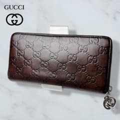 09 極美品 GUCCI 長財布 ラウンドファスナー シマ ダークブラウン x6