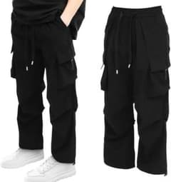 ズボン メンズ カーゴパンツ ゆったり ブラック ストレッチ オーバーサイズ M