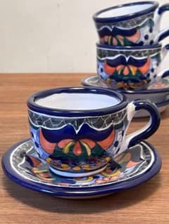 メキシコ タラベラ焼 カップ＆ソーサー 3客セット 陶器 民芸品のサムネイル