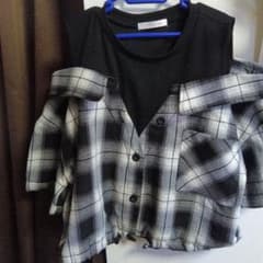 Charm Girl チェック柄 ドッキング 半袖オフショルダーのサムネイル