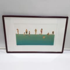 版画 作品 水辺 人 サインyoko 9/10　インテリア 飾り 額装