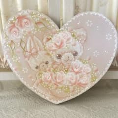 rose♡トールペイント♡バニーと薔薇のプレート♡ハンドメイド♡ ♡トールペイント♡薔薇とバニーとテディのハートプレート ウェルカムボード