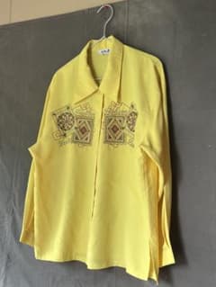 【90s古着/台湾買付品】刺繍シャツ ポリエステル 黄色 幾何学模様 イエローのサムネイル