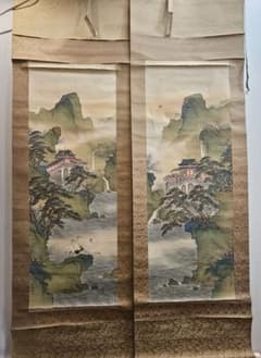 春木南汀 「蓬莱潭図」 双幅 絹本 肉筆 共箱 春木派宗家 山水画 掛軸