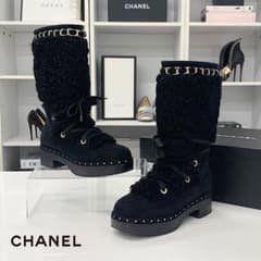 激カワ⭐️chanel ムートンブーツ　ブラック　ココマーク　スウェード　39 シャネル ココマーク スエード ムートン スタッズ ロングブーツ