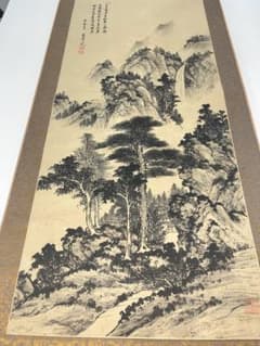 掛軸 山水画 炎津山人 筆 掛軸 墨画 水墨画 中国画 古美術 骨董品