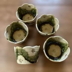 【新品】　織部秀峰窯　中垣連次作　椿輪花向付　5個セットのサムネイル