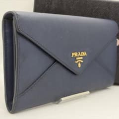 最高峰プラダ 長財布　折り財布 金ロゴ　レザー サフィアーノ ネイビー