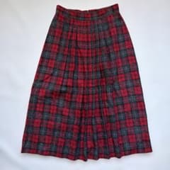 チェック柄 プリーツスカート レッド系 古着 カジュアル レトロ　ミドル丈