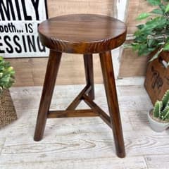 アジアンエスニック原木無垢材木製三本足丸スツール、木製椅子花台