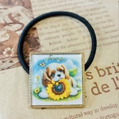 H234】ハンドメイド レジン ヘアゴム 袋止め キャバリア 向日葵 蝶 犬