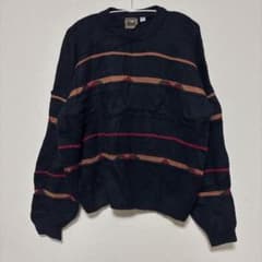 希少【XL】ネイビー ストライプ ニットセーターレトロ マルチボーダー ゆるだぼ