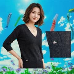大人気　美品　ラコステ ラメ糸混 深Vネック ニット チュニック グレー Sのサムネイル