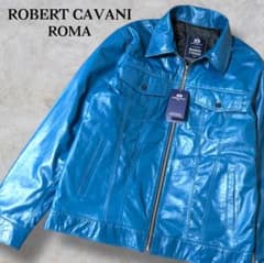 【未使用】ロベルトカバーニ★本革ラムレザー羊革★レザージャケット XL ブルー 未使用】ロベルトカバーニ☆本革ラムレザー羊革☆レザー