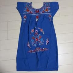 メキシコ刺繍ワンピース ブルー 花柄のサムネイル
