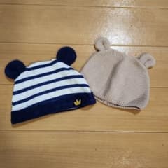 ベビー帽子 2点セット くま耳 ボーダー ベージュのサムネイル